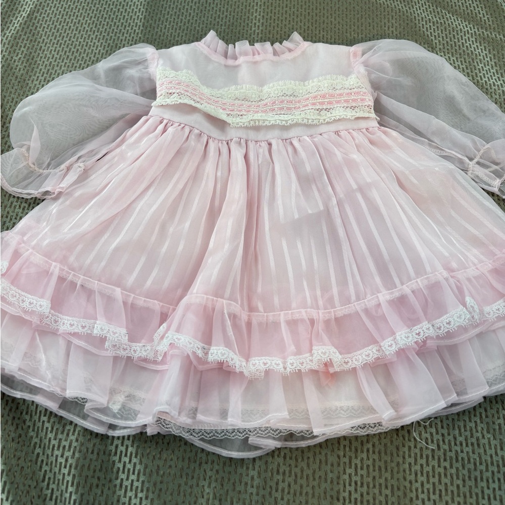 Vtg Martha’s Miniatures "We're Fussy" Pink Tiered Ruffle Heirloom Dress Lace XL